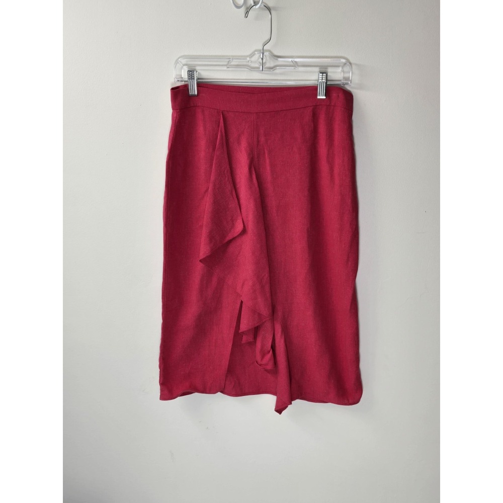 Zara Pink 55% Linen Ruffle Front Pencil Skirt Size Medium Side Zipper